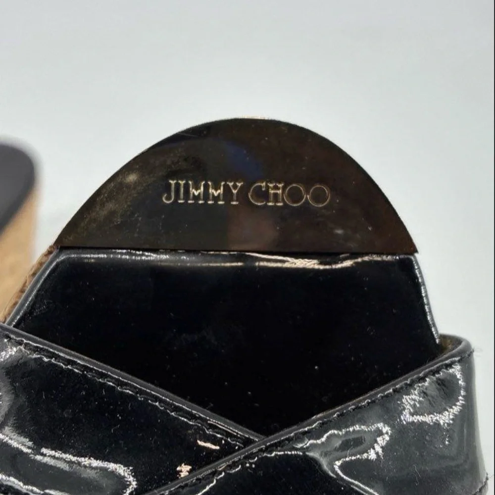 Jimmy Choo Black Patent Criss Cross Cork Wedge Platform Sandals